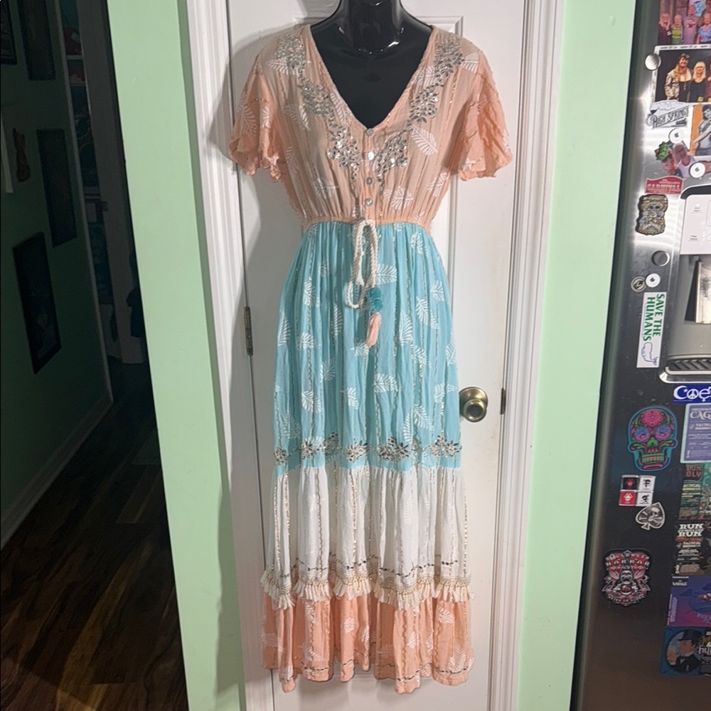 Zury Peach, Wht & Blue Flowy Boho Flutter Sleeve Maxi Dress Light Airy Free Size
